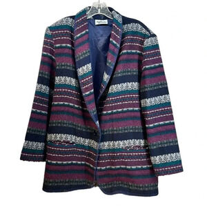 Vintage Womens Katie Brooke‎ Coat Wool Blend Aztec Stripe Southwestern Size 16